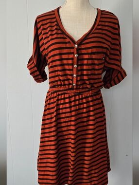Arbor Rust and Black Striped Button-Front Midi Dress
